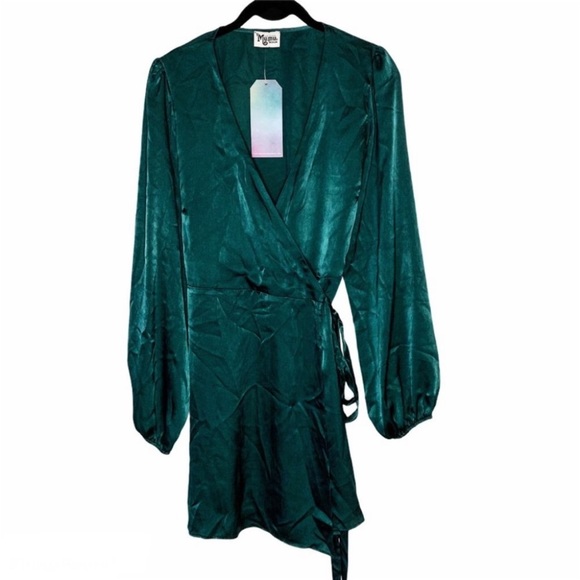 Show Me Your Mumu Nola Teal Long Sleeve Wrap Satin Mini Dress - Picture 3 of 6